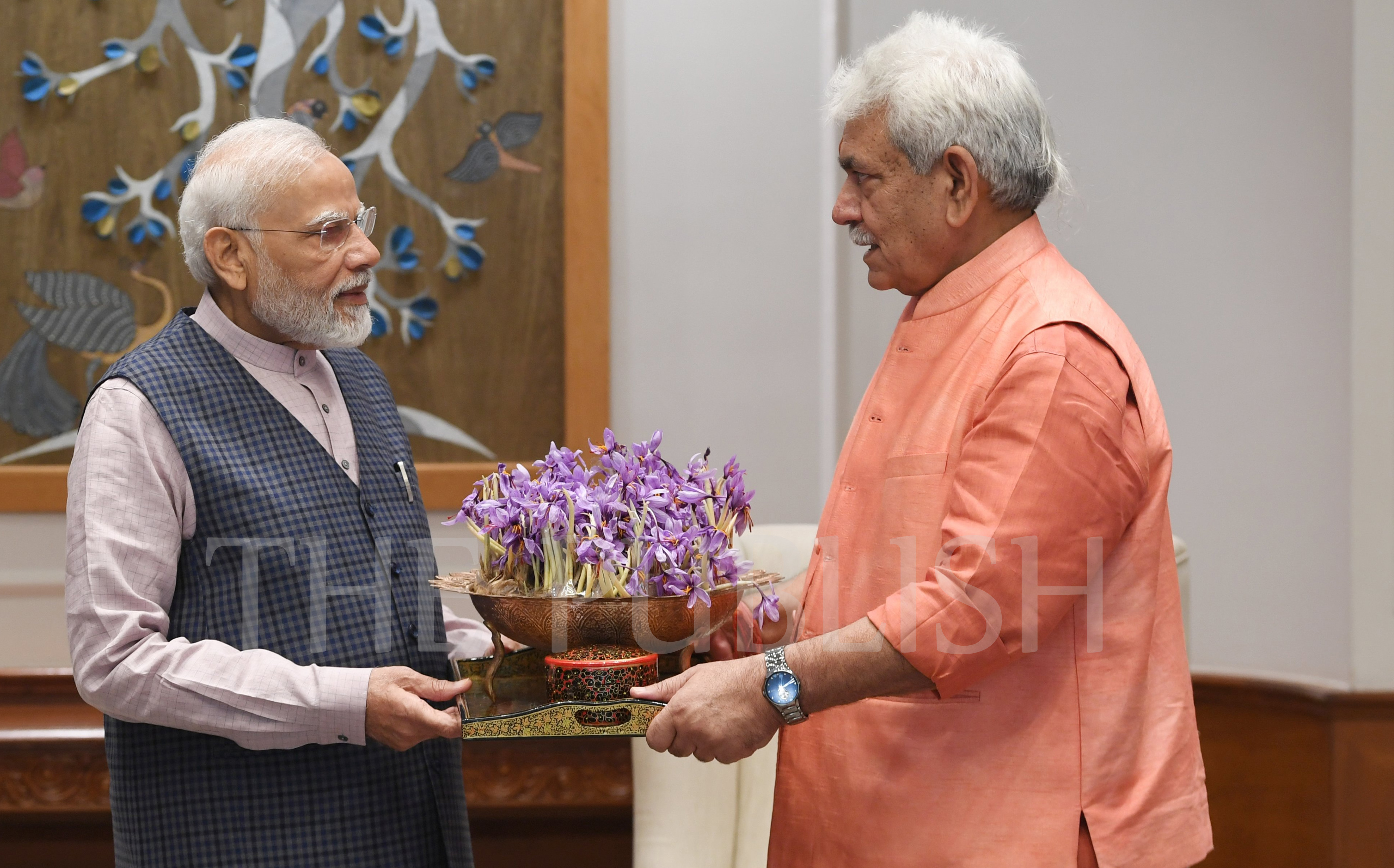 LG meets PM Modi, gifts him Indian traditional saffron from J&K