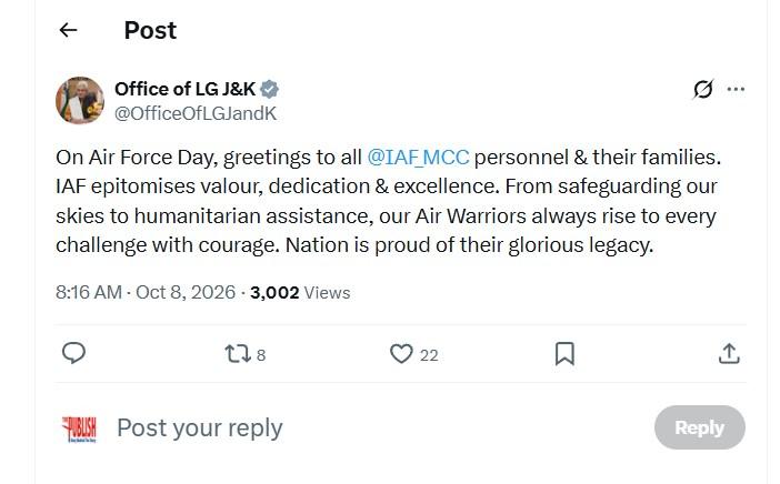 LG Manoj Sinha Extends Air Force Day Greetings to IAF Personnel
