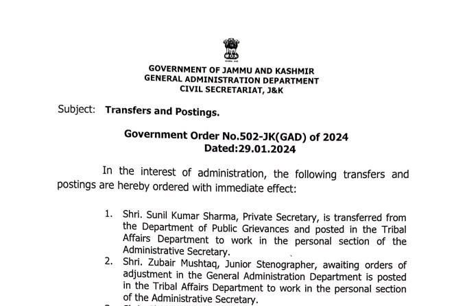 Govt Orders Transfers and postings of JKAS officers
