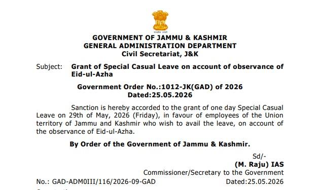 J&K Govt Announces Special Casual Leave for Eid-ul-Azha on May 29