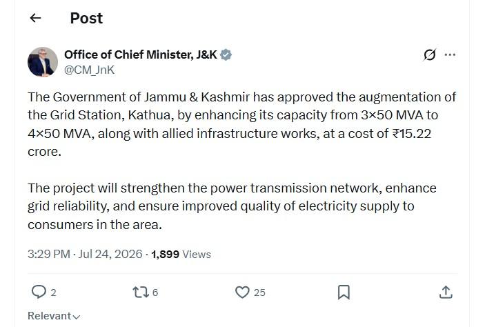 CM Omar Abdullah-led Government approves ₹15.22 crore augmentation of Kathua Grid Station to strengthen power supply
