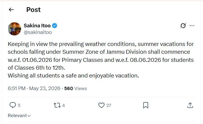 Summer Vacations For Schools In Jammu Division From June 1