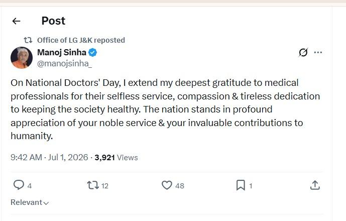 National Doctors’ Day: LG Sinha Salutes Medical Fraternity, Praises Unwavering Commitment to Humanity
