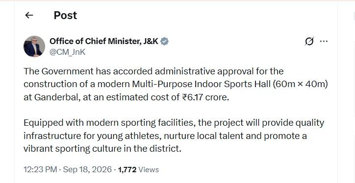 Govt approves ₹6.17 cr Multi-Purpose Indoor Sports Hall at Ganderbal