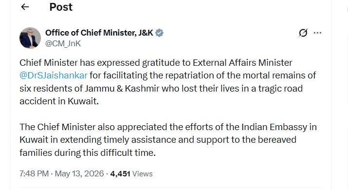 Omar Abdullah thanks EAM as J-K residents’ mortal remains repatriated from Kuwait