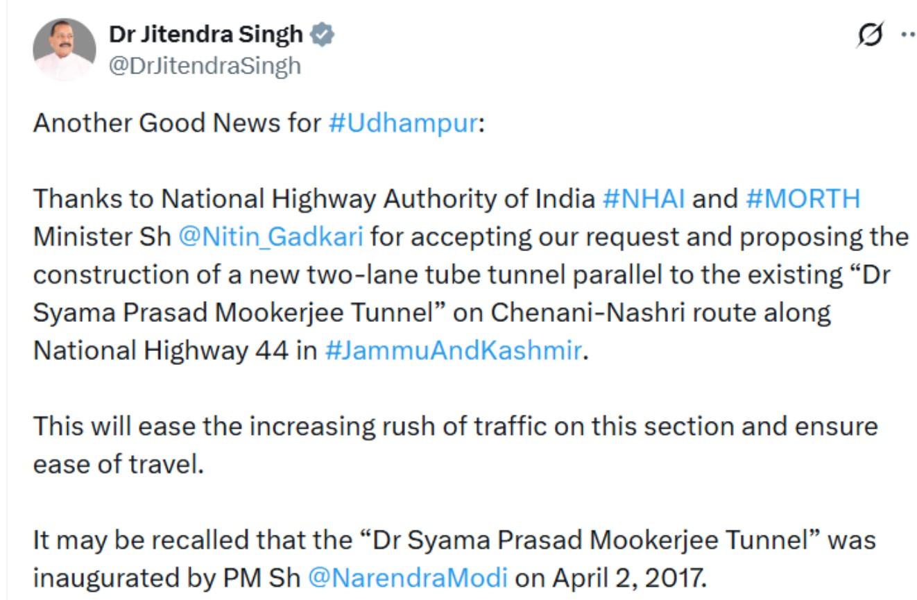 New Two-Lane Tunnel Proposed along Chenani-Nashri Stretch to Ease NH-44 Traffic: Dr Jitendra Singh