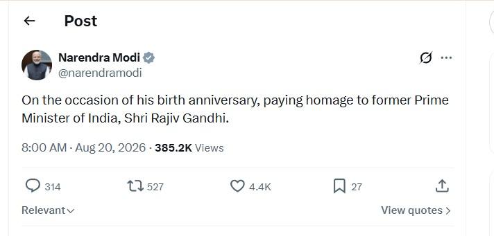 Rajiv Gandhi birth anniversary: PM Modi pays tribute to former prime minister