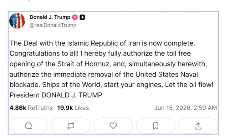 Iran peace deal complete, Strait of Hormuz now open: Trump