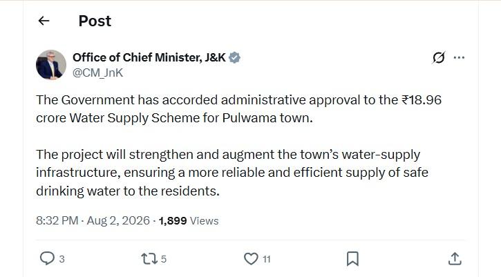 CM Omar Abdullah-led Government approves ₹18.96 crore Water Supply Scheme for Pulwama town