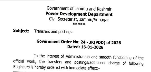 Government orders transfers and postings of 10 Engineers in JKPDD