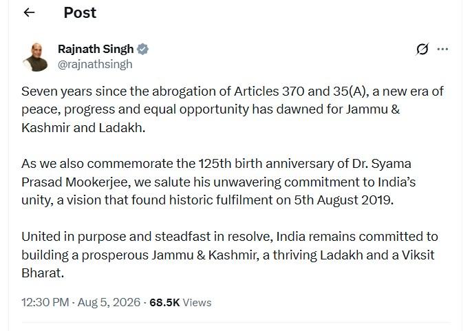 "New Era of Peace, Progress and Equal Opportunity": Rajnath Singh on 7 Years of Article 370 Abrogation