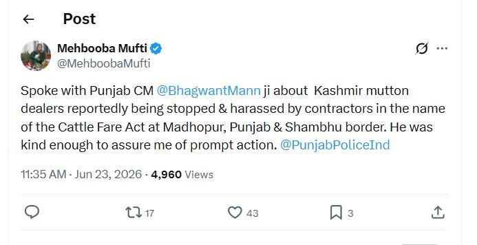 Mehbooba Speaks to Punjab CM on Alleged Harassment of Kashmir Mutton Dealers