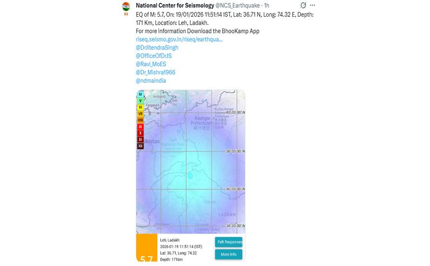 Earthquake of 5.7 magnitude strikes Leh, Ladakh; authorities on alert