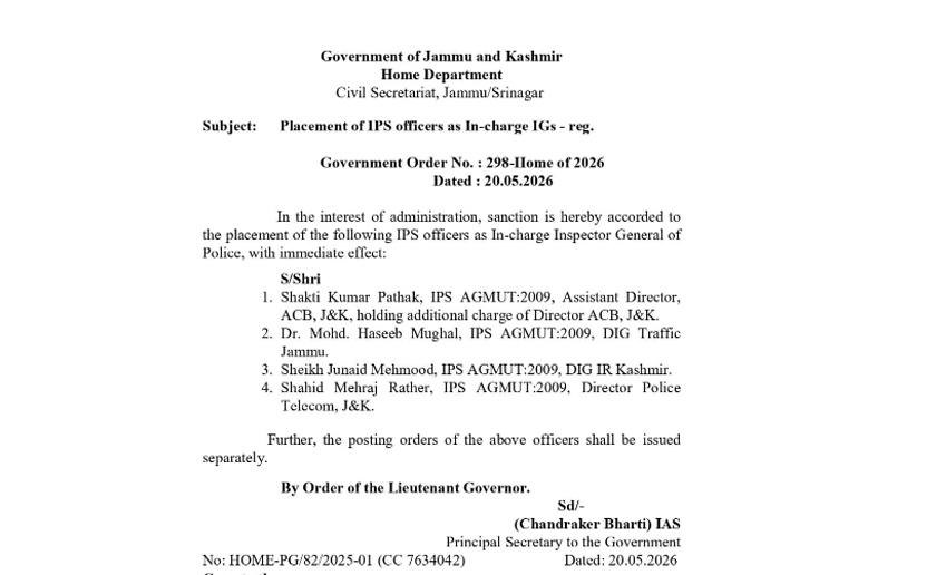 J&K Govt Places Four IPS Officers as In-Charge IGs