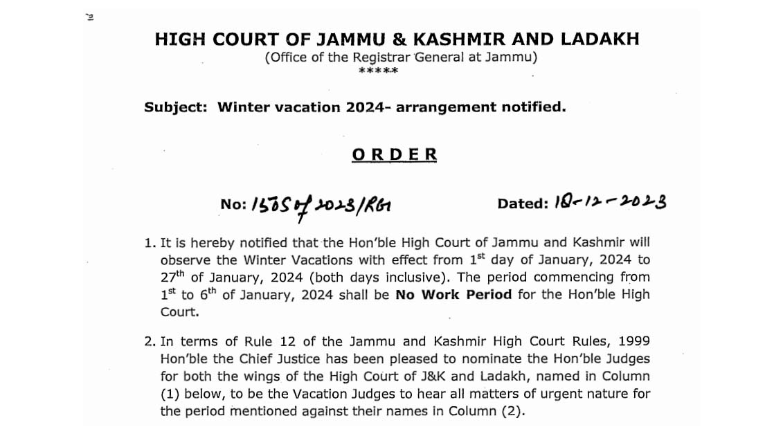 High Court to observe winter vacations from Jan 1 to 27
